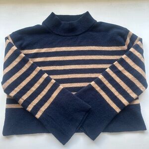 J. Crew Navy and Tan Striped Cowl Neck Sweater